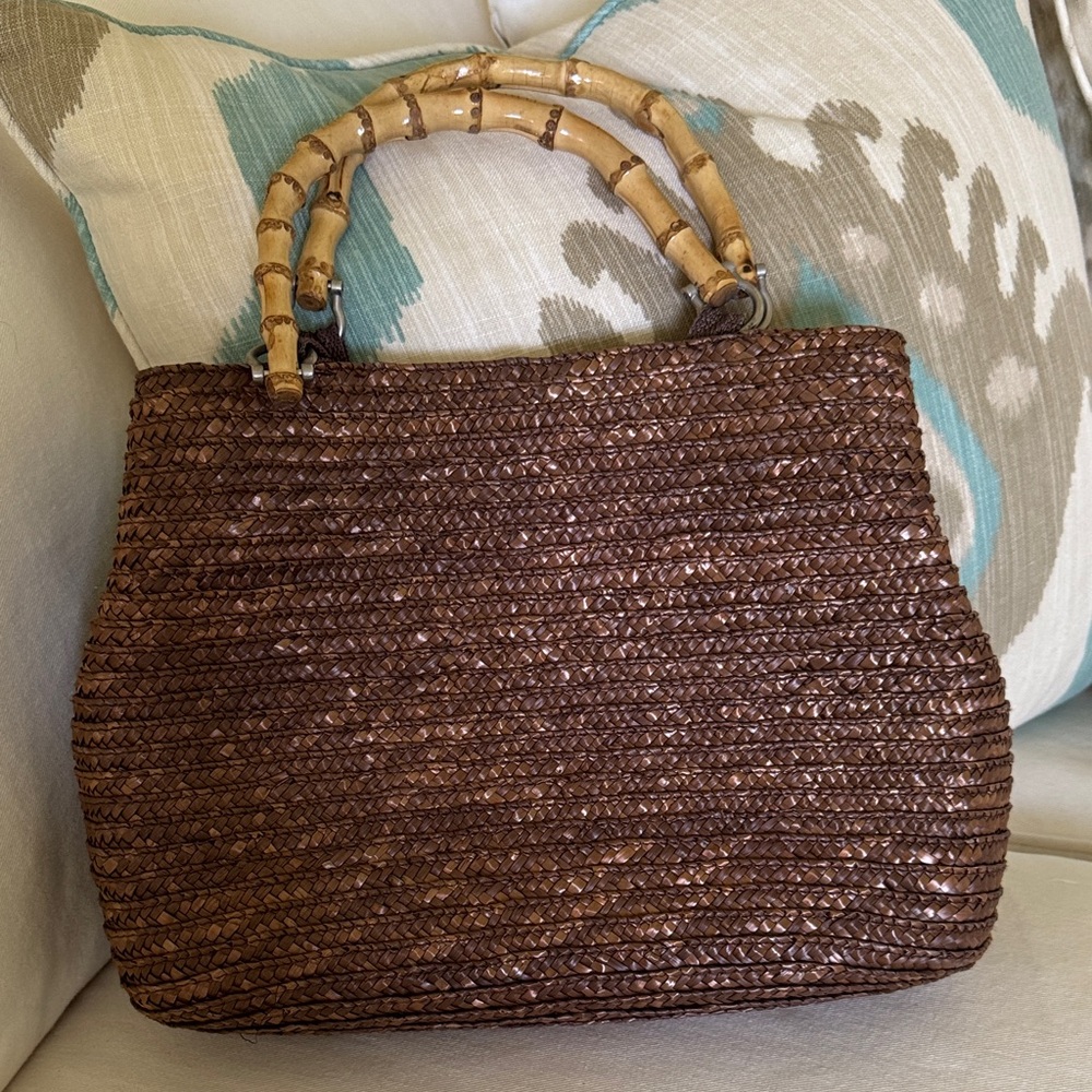 Brown Woven Bamboo-Handle Tote Bag